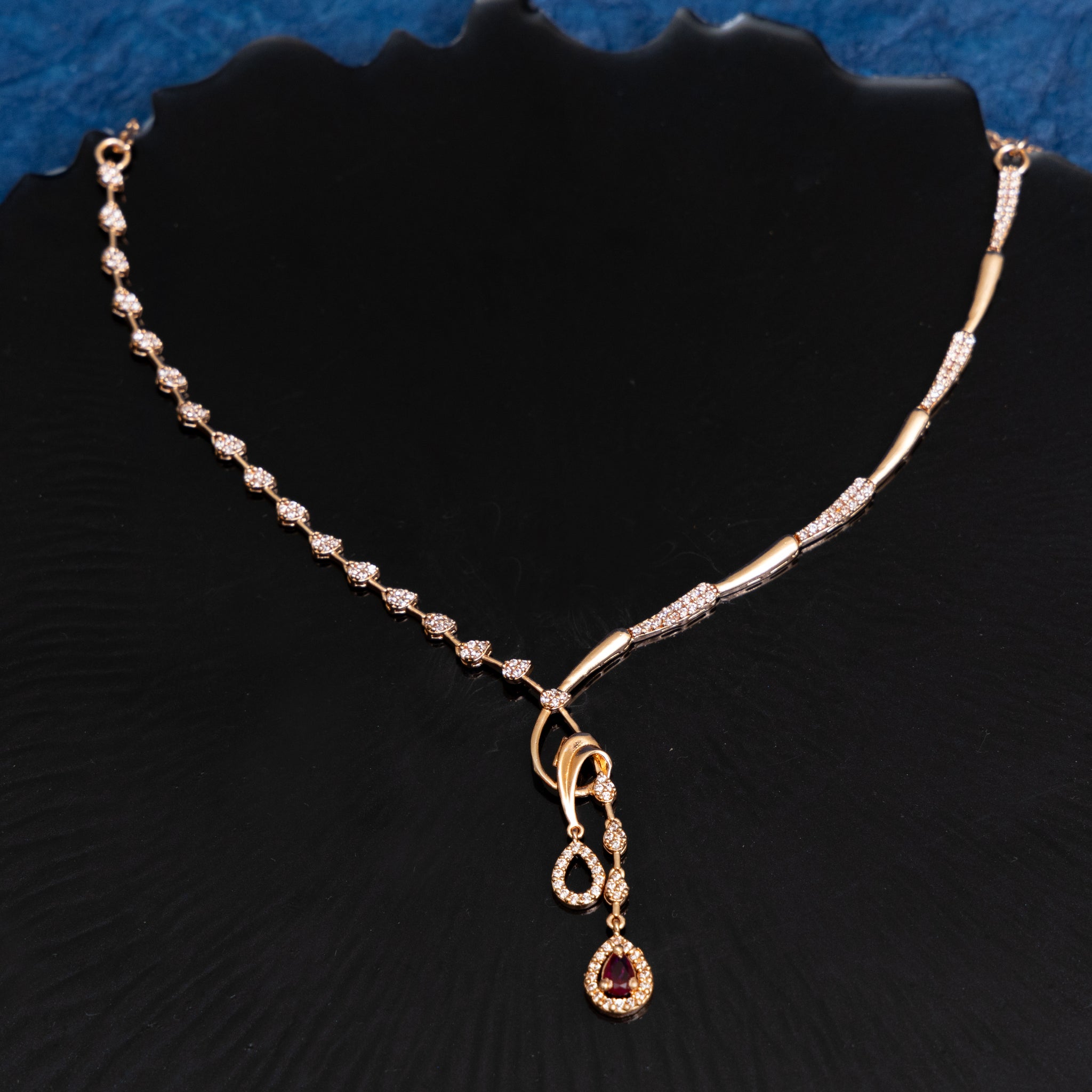 ROSEGOLD DROP RUBY SLEEKY CZ NECKLACE SET