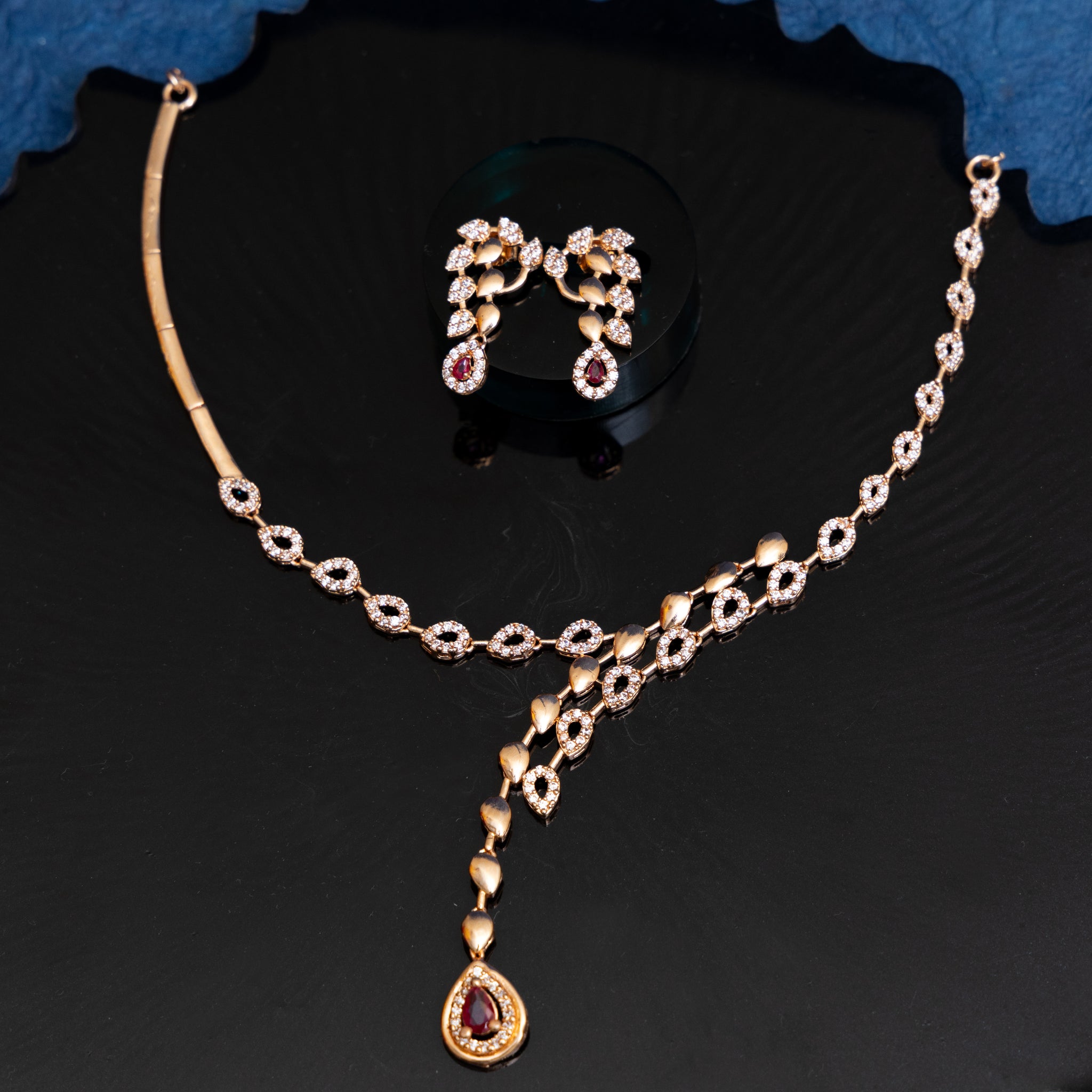ROSEGOLD DROP RUBY VELVETY CZ NECKLACE SET