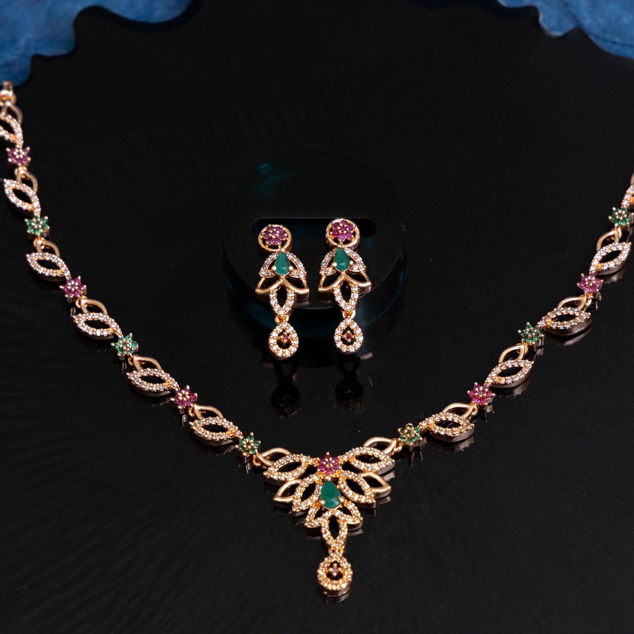 ROSEGOLD RUBY EMERALD IMPERIAL CZ NECKLACE SET