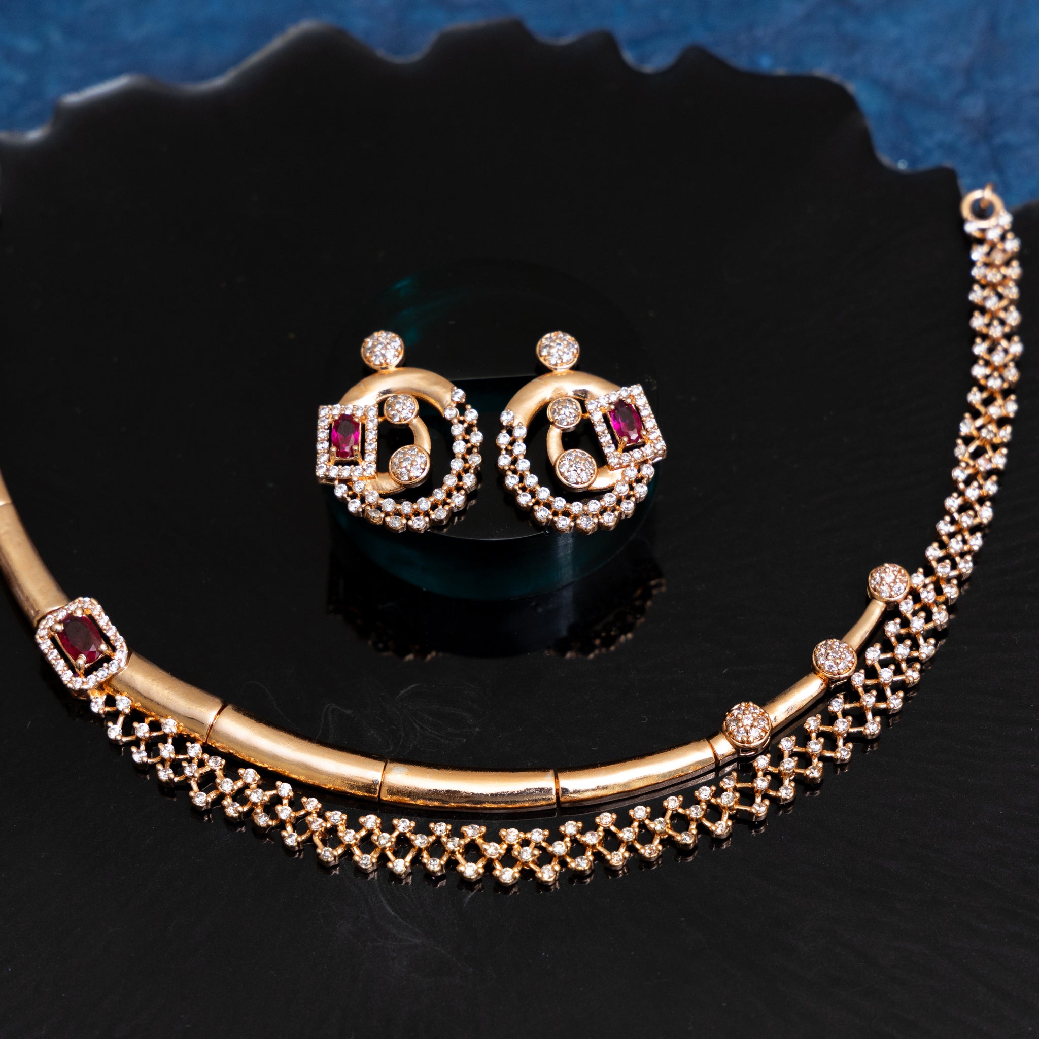ROSEGOLD RUBY GLEAMING CZ NECKLACE SET