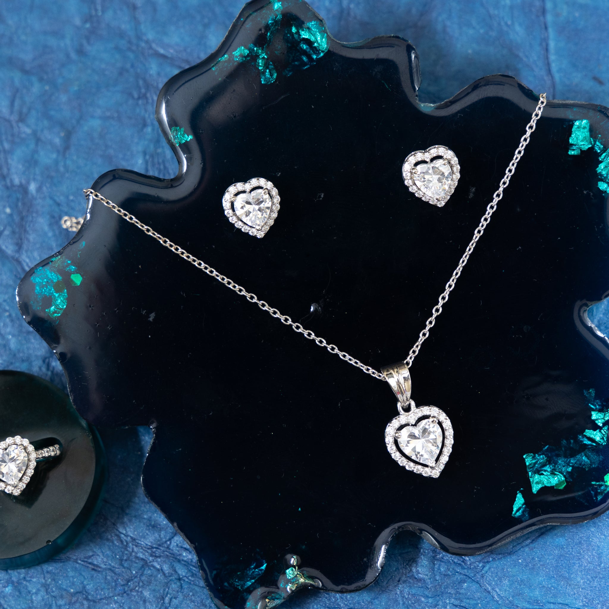 SILVER CHIC HEART SOLITAIRE PENDANT SET WITH RING & CHAIN LENGTH - 18