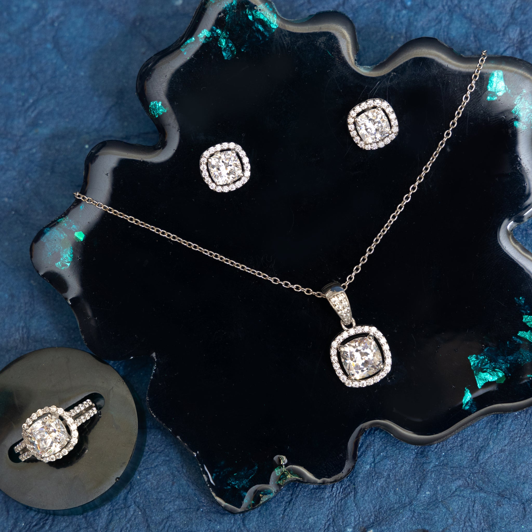 SILVER CUSHION SOLITAIRE PENDANT SET WITH RING AND CHAIN LENGTH - 18