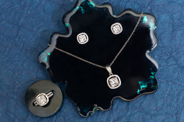 SILVER CUSHION SOLITAIRE PENDANT SET WITH RING AND CHAIN LENGTH - 18