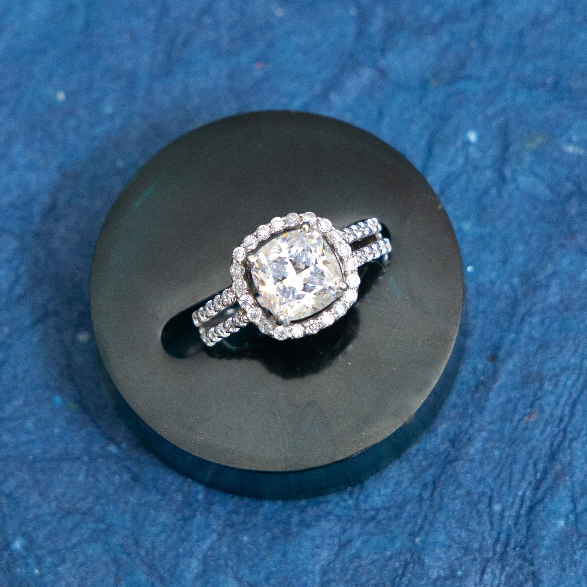 SILVER CUSHION SOLITAIRE RING IN DUAL STRING