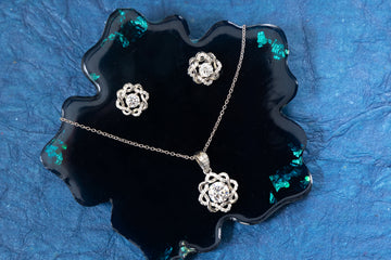 SILVER FLORAL MAJESTIC ROUND SOLITAIRE PENDANT SET WITH CHAIN LENGTH - 18