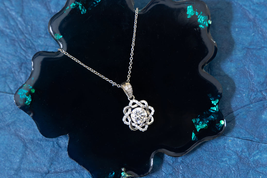 SILVER FLORAL MAJESTIC ROUND SOLITAIRE PENDANT SET WITH CHAIN LENGTH - 18