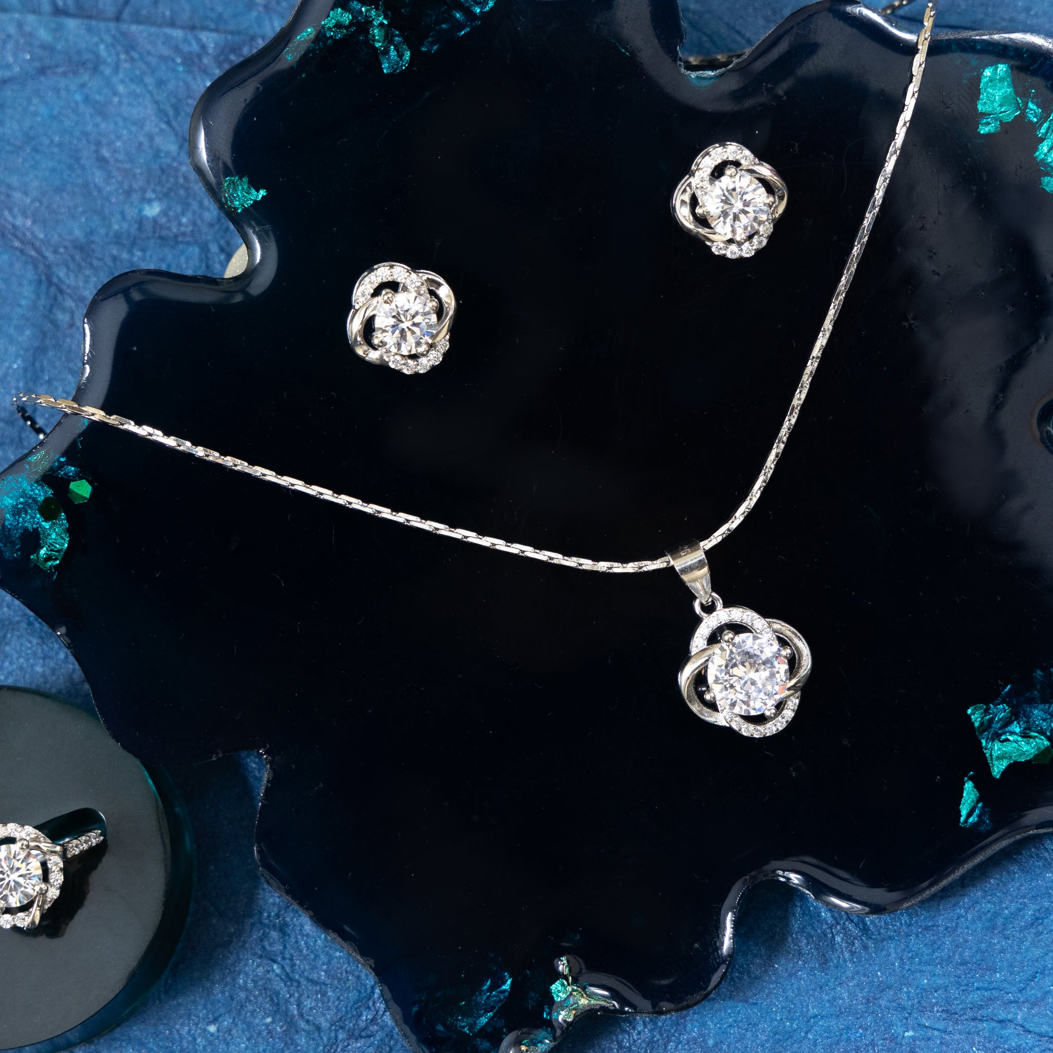 SILVER DESIGNER ROUND SOLITAIRE PENDANT SET WITH RING & CHAIN LENGTH - 20