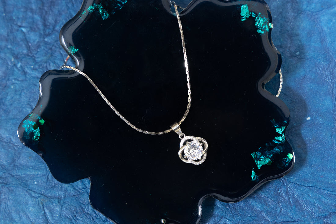 SILVER DESIGNER ROUND SOLITAIRE PENDANT SET WITH RING & CHAIN LENGTH - 20